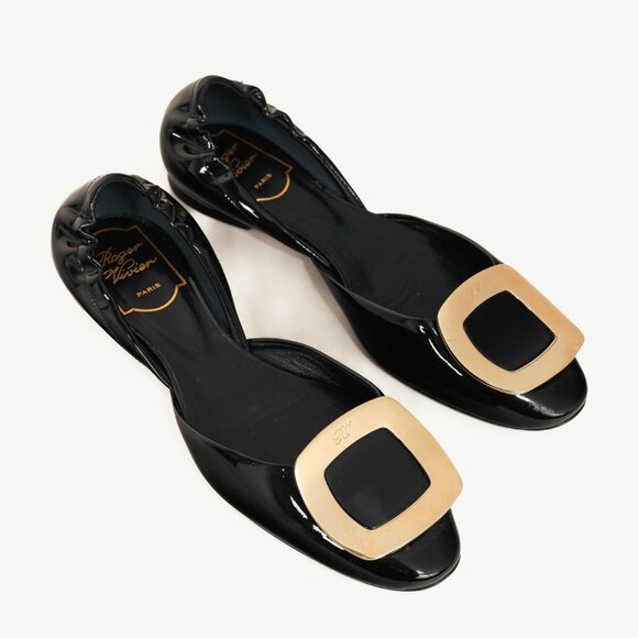 Roger Vivier Chips Black Patent Leather Buckle Scrunch Flats - Picture 1 of 10